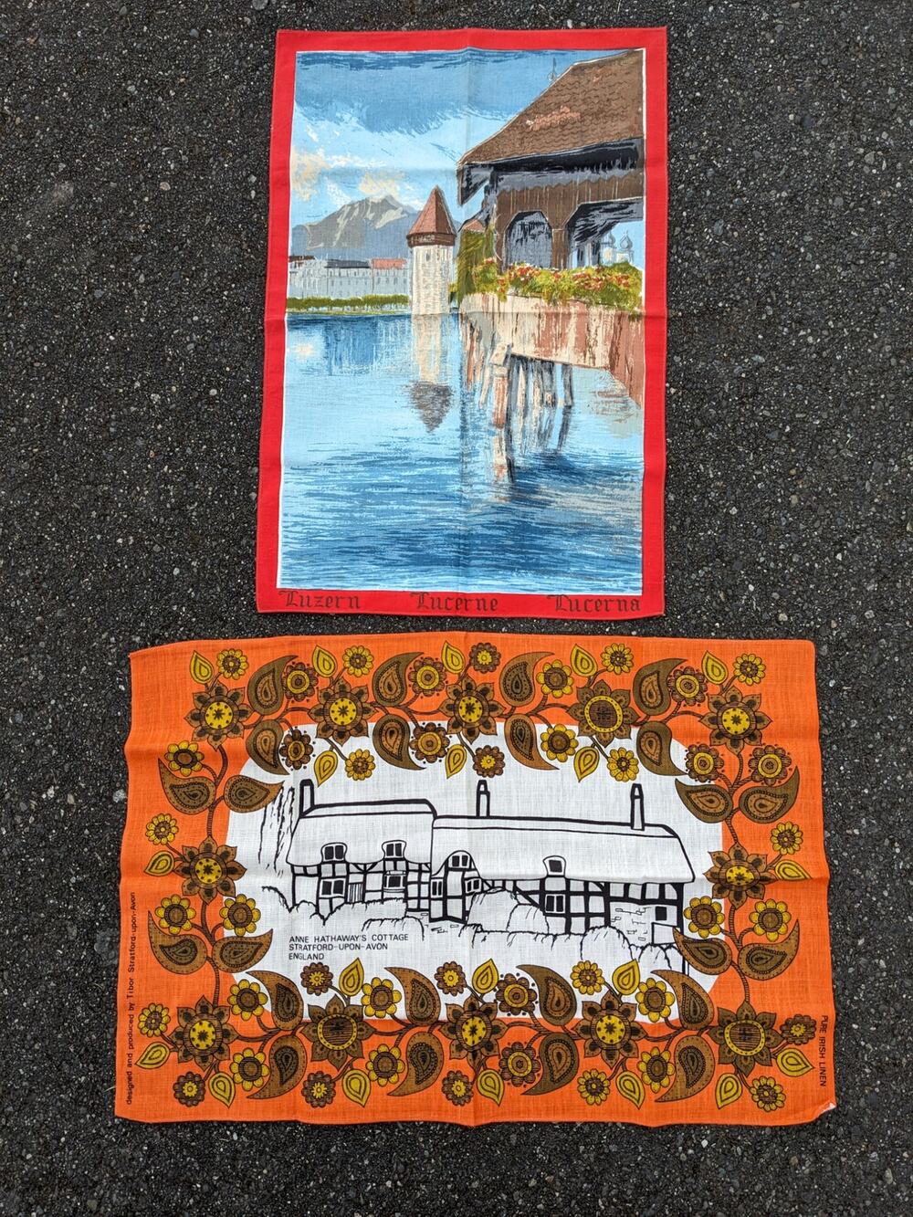 Vintage 1960's TEA TOWELS Lucerne Switzerland & Stratford Upon Avon Tibor Reich